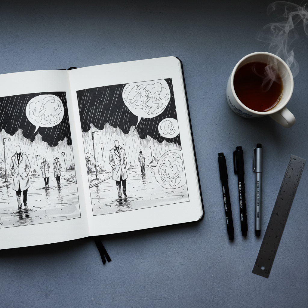An overhead, photographic-realism shot of an open sketchbook on a slate-grey table, its thick, ivory pages filled with detailed black-ink panels for a graphic novel. The panels depict a nearly empty, rain-slicked street under a starless night sky, with wordless speech bubbles hinting at unsaid truths. Beside the sketchbook, precise technical pens, a metal ruler, and a half-drained mug of dark tea form an orderly arrangement. Cool, overcast daylight filters from a nearby window, casting soft, shadowless illumination that emphasizes every line and texture. The mood is introspective and sophisticated, as if capturing the quiet moment when philosophy, narrative structure, and raw emotion converge just before the story solidifies into final form.