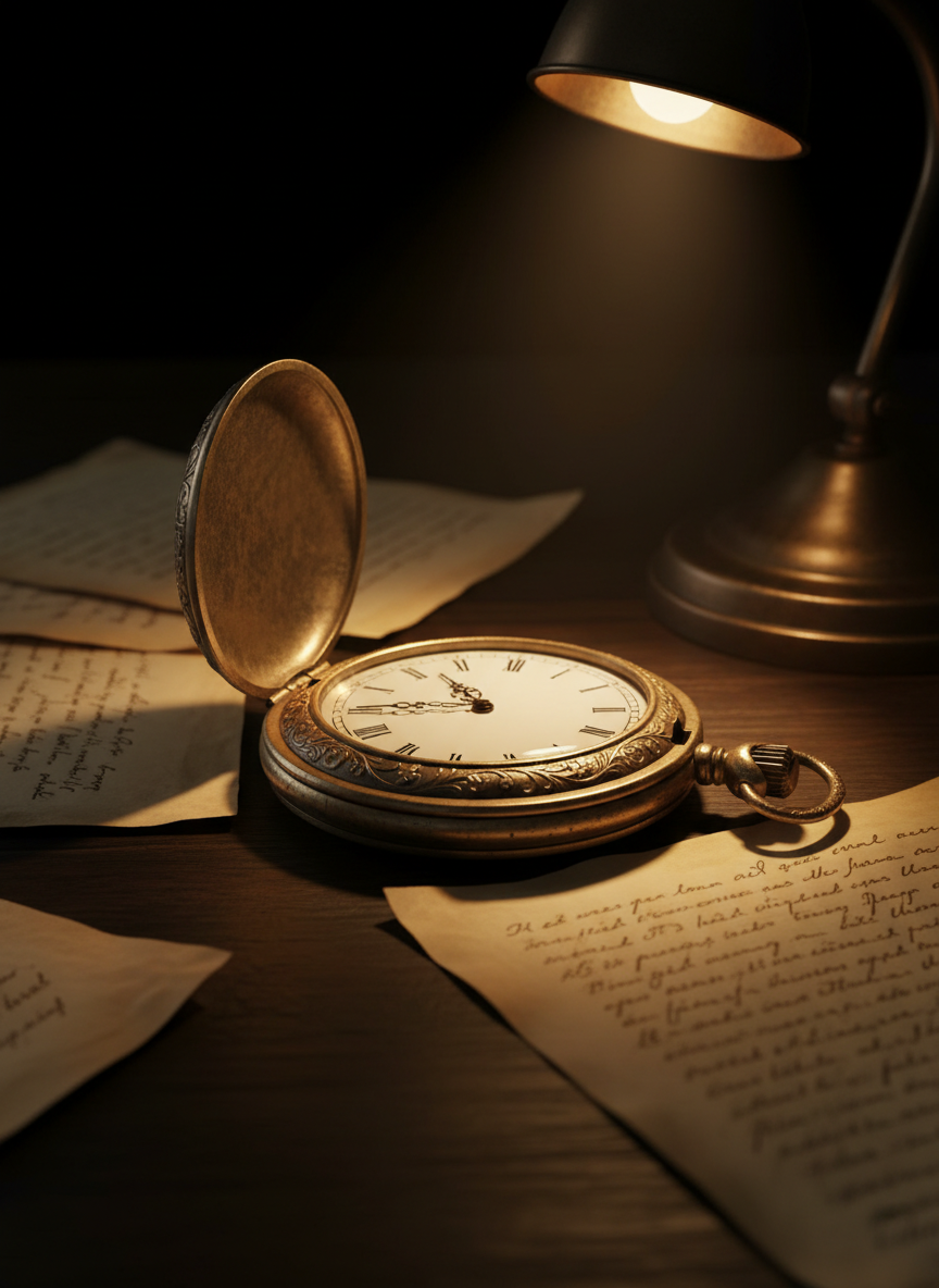 A large, antique brass pocket watch lying open on a dark, almost black, wooden desk, its glass crystal flawless and the hands frozen precisely one second before midnight. Fine engravings catch the eye along the case edge, reflecting faint highlights. Around it, scattered handwritten pages from a philosophical journal curl at the corners, their ink slightly faded. A single desk lamp with a warm, focused beam creates dramatic, photographic realism, carving sharp shadows and a chiaroscuro effect. Shot from a slightly elevated angle with shallow depth of field, the watch face is razor sharp while the pages dissolve into a soft blur, evoking a sophisticated, contemplative mood about time, truth, and stories on the verge of beginning.
