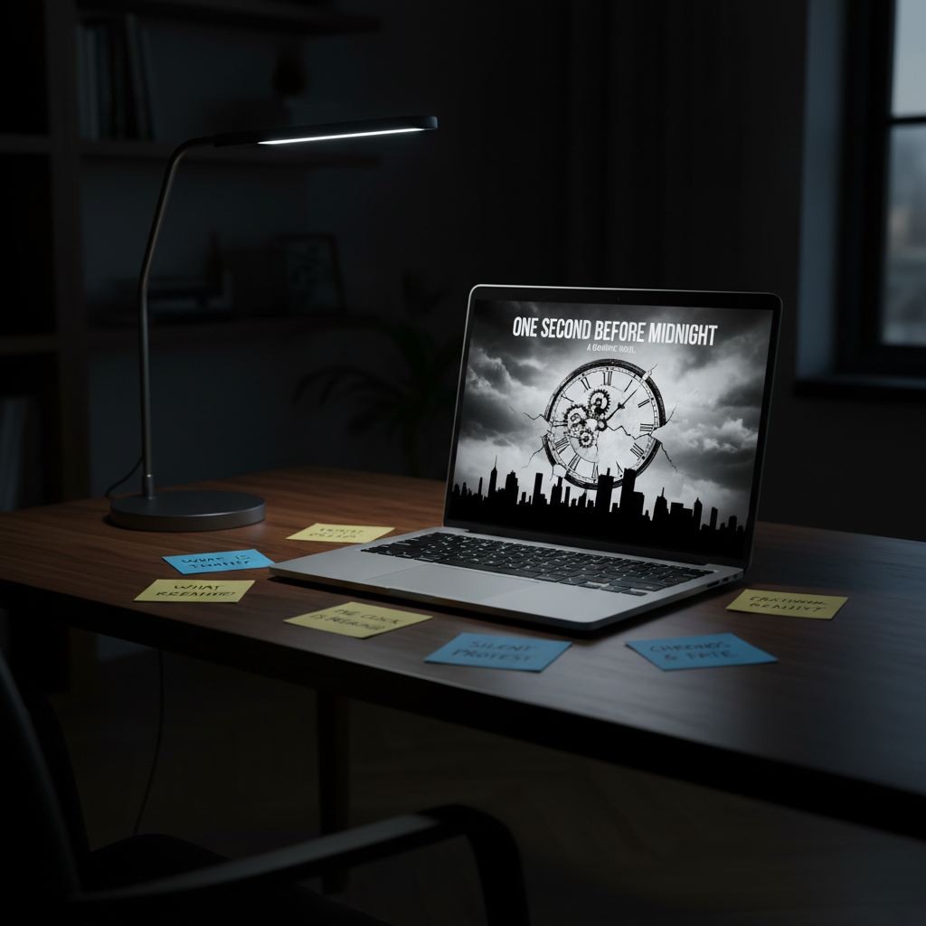A sleek, modern writing desk in a dimly lit room, holding an open laptop that displays a monochrome, high-contrast splash page for a graphic novel titled “One Second Before Midnight.” The screen glows with a luminous depiction of a fractured clock over a silhouetted city skyline, rendered in photographic realism. Around the laptop, sticky notes with concise philosophical phrases and story beats are meticulously arranged. A single, cool-toned LED desk lamp creates a focused pool of light on the workspace, leaving the room’s edges in velvety darkness. Shot from a three-quarter angle with medium depth of field, the composition feels cinematic and disciplined, suggesting a highly crafted young adult narrative about truth and existential questions.