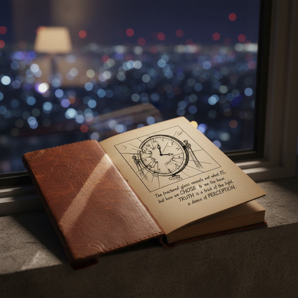 A close-up, photographic-realism image of a vintage, leather-bound journal resting partly open on a concrete windowsill at night. On the visible page, a carefully inked graphic novel panel shows a cracked mirror reflecting a midnight clock, accompanied by a handwritten caption about truth and perception. Outside the window, an out-of-focus city glows with distant, cool-blue lights and faint red signals, captured as soft bokeh. A thin line of moonlight slices across the journal’s worn brown leather and textured paper, while the interior room remains gently shadowed. The composition uses a shallow depth of field and diagonal framing, creating a quiet, sophisticated atmosphere that blends storytelling, philosophy, and the emotional intensity of young adult introspection.